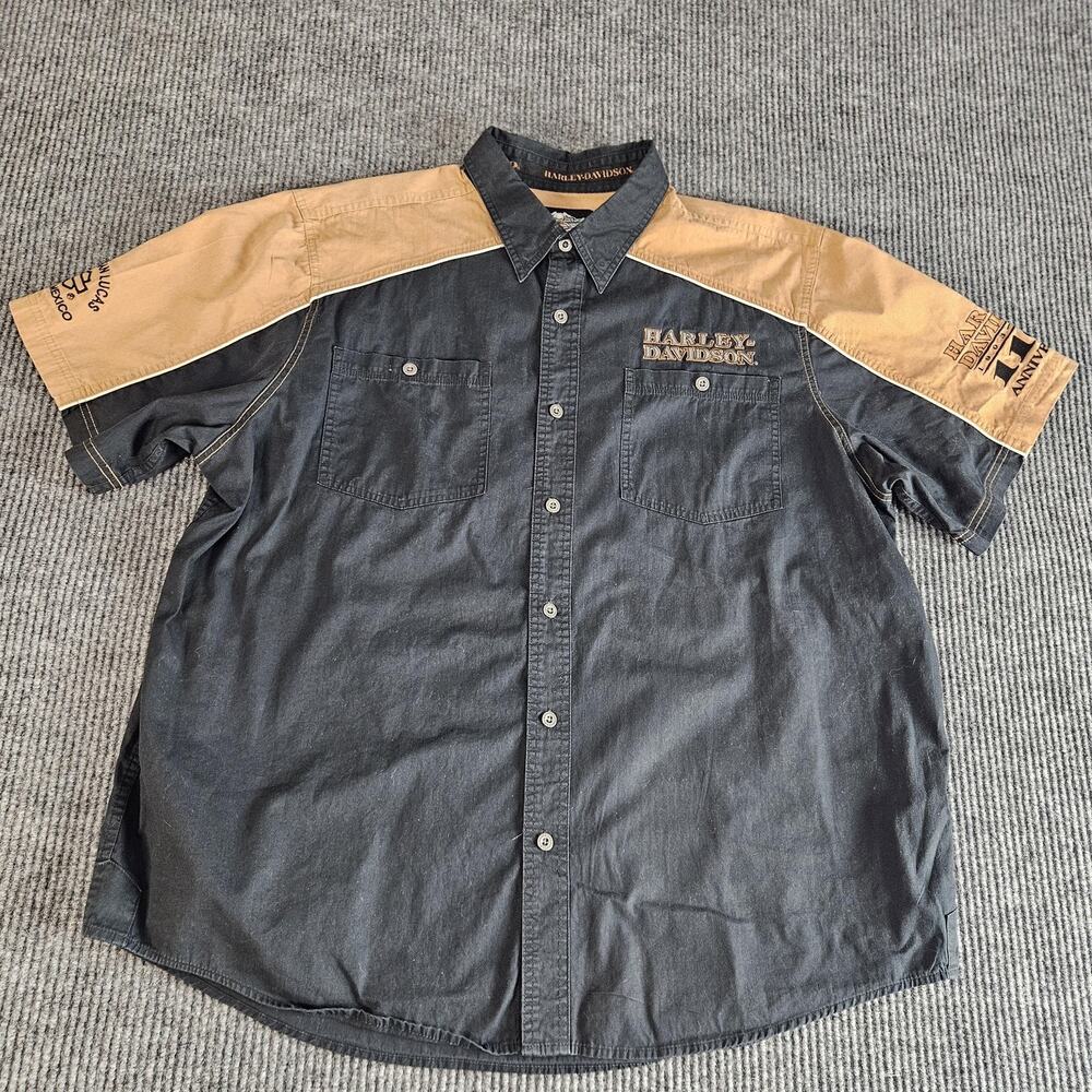 Harley-Davidson Shirt Mens 2XL Black Tan 110th Anniversary Dealer‎ Button Down